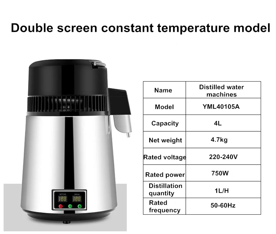 Water Distiller W/ Glass Container;750W,1.1Gal/4L Capacity;Distill Water up to 0.26Gal/1L per Hour and About 6Gal/23L per Day(Du