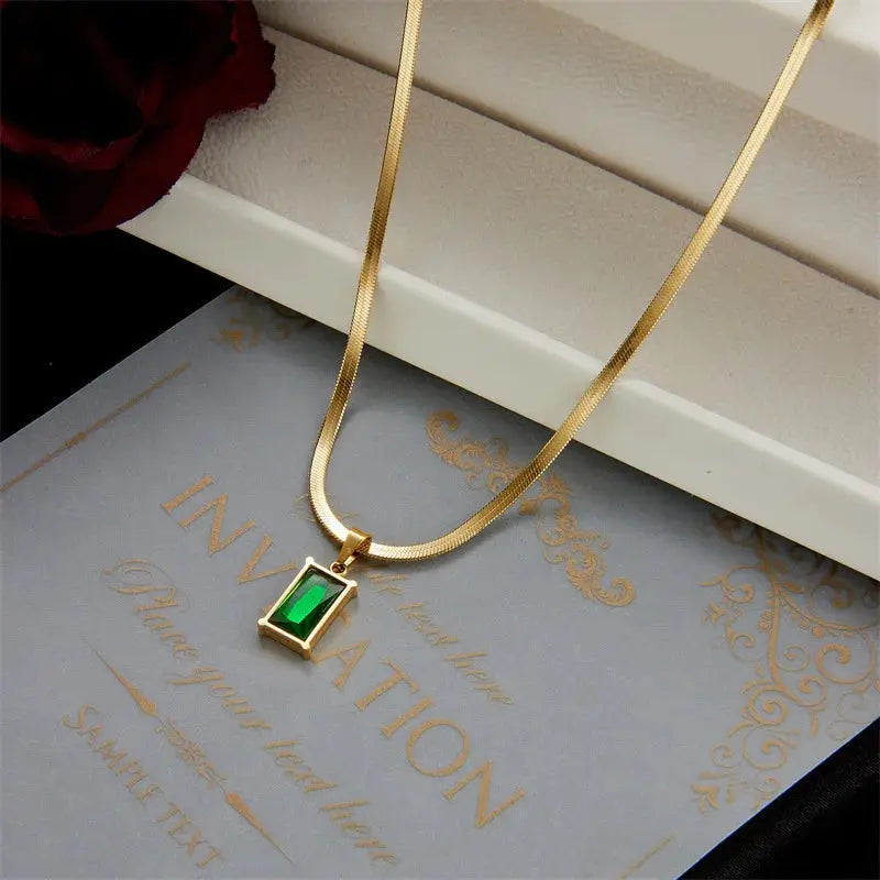 AKOL 316L Stainless Steel Rectangle Green Crystal Zircon Pendant Necklace Earrings For Women Fashion Party Jewelry Set Smart_Life_Tech