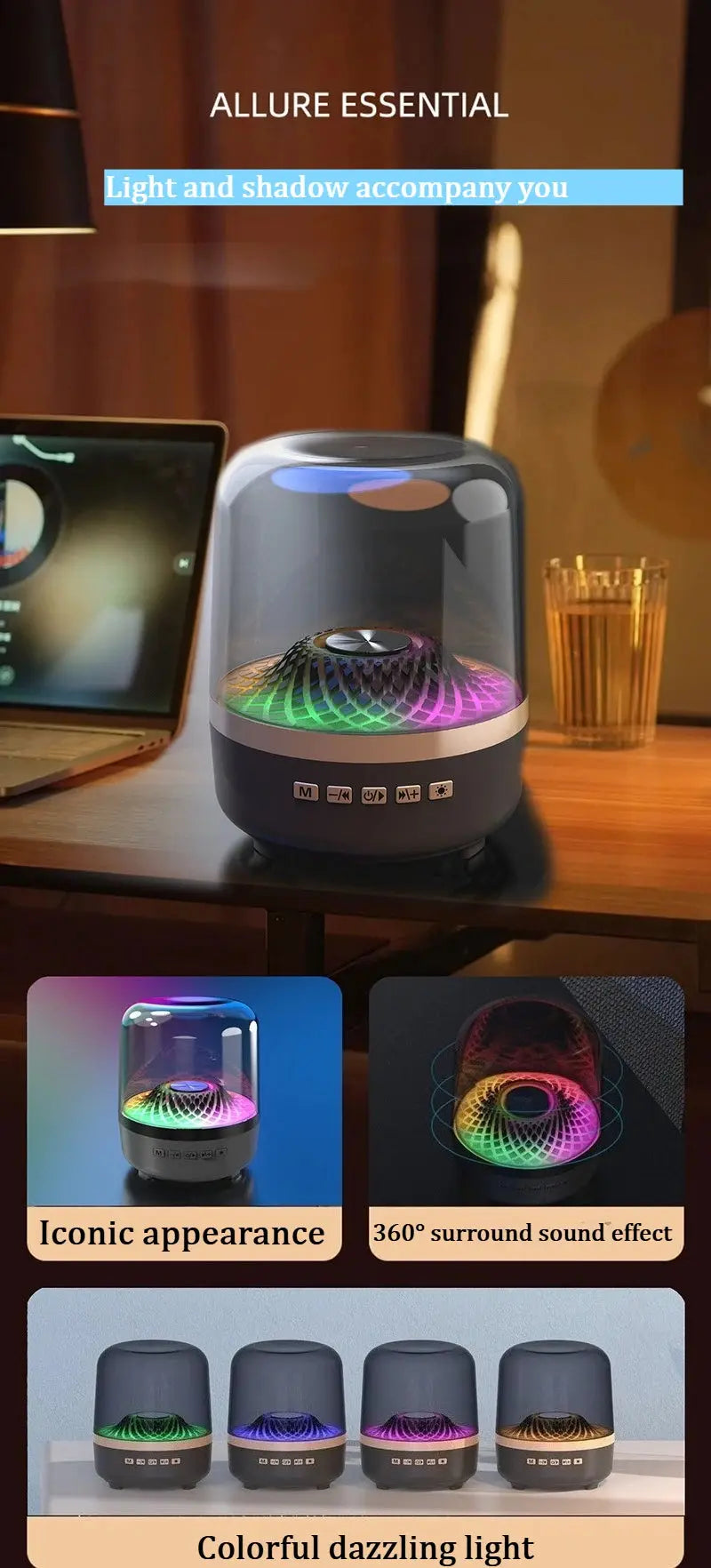 Hot-selling High-quality RGB Lighted Wireless Bluetooth Speaker with Black Gold Color and Glass Crystal Design for Desktop Smart_Life_Tech