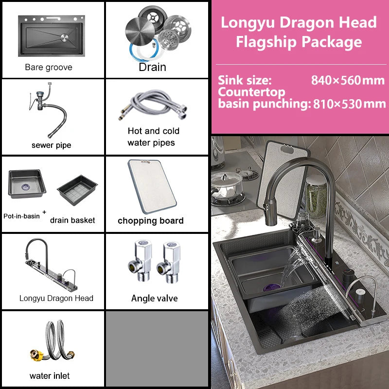 MultiFunction Waterfall Wash Vegetables Basin Stainless Steel Large Single Slot With Smart Digital Display Faucet Kitchen Sink Smart_Life_Tech