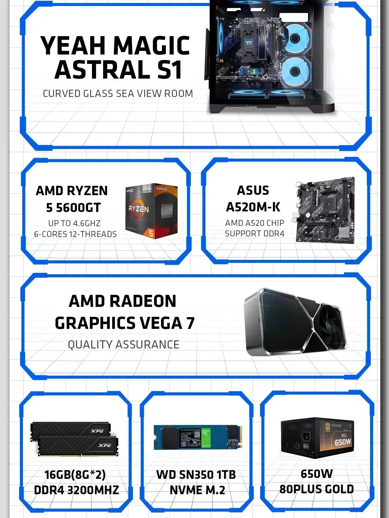 YEAH MAGIC Gaming Desktop AMD Ryzen 5 5600GT 3.9GHz 16GB(8G*2) DDR4 3200 1T NVME SSD ARGB 7 Fans Win 11 Home Gamer Desktop PC Smart_Life_Tech
