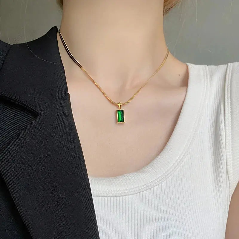 AKOL 316L Stainless Steel Rectangle Green Crystal Zircon Pendant Necklace Earrings For Women Fashion Party Jewelry Set Smart_Life_Tech