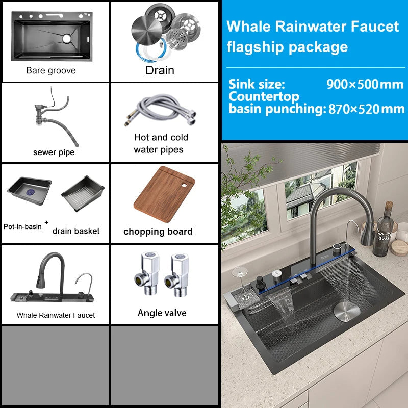 MultiFunction Waterfall Wash Vegetables Basin Stainless Steel Large Single Slot With Smart Digital Display Faucet Kitchen Sink Smart_Life_Tech