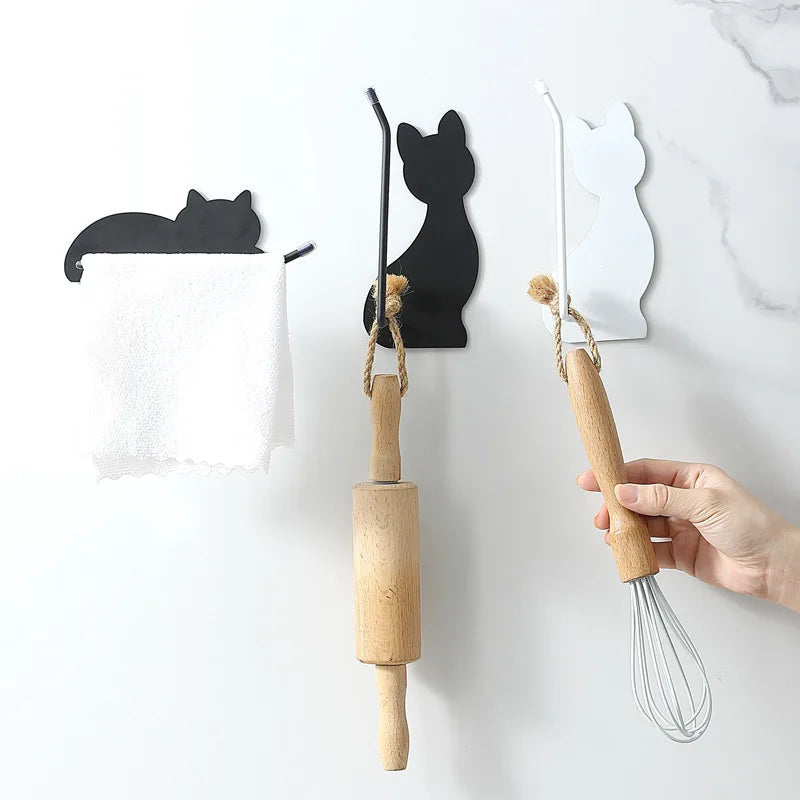 Cute cat shaped non perforated kitchen tissue holder cloth holder roll paper cling film wall mounted multi-purpose storage rack Smart_Life_Tech