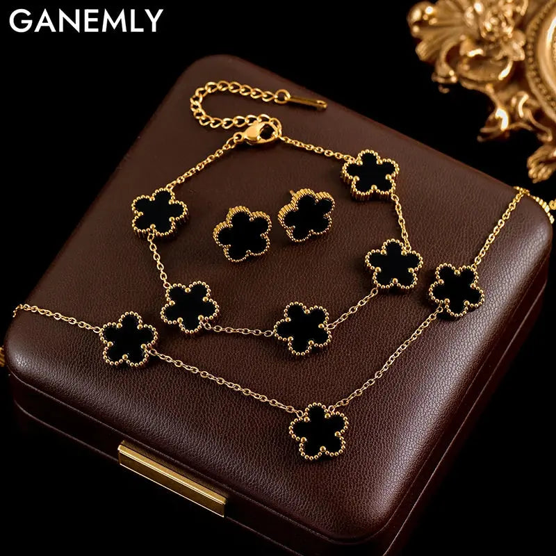 GANEMLY 316L Stainless Steel 4-Color Five Leaf Clover Flower Necklace Bracelet Earrings Set For Women New Waterproof Jewelry Smart_Life_Tech