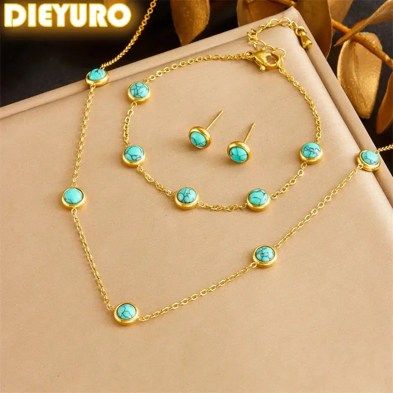 DIEYURO 316L Stainless Steel Round Turquoise Necklace Bracelet Earrings Suit For Womens 2024 New TrendNon-fadingjewelry Set Smart_Life_Tech