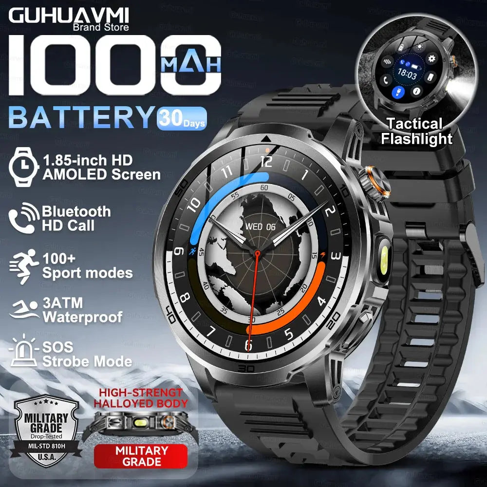 2026 New Military Outdoor Smart Watch 1.85‘’ AMOLED 1000mAh Large Battery 5ATM Waterproof Voice Call Sports Men Fitness Bracel Smart_Life_Tech