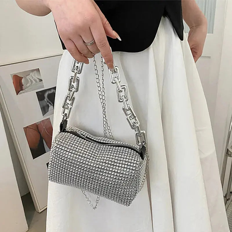 Allover Rhinestone Bucket Bag, Glitter Chain Prom Purse, Women's Mini Crossbody Bag (6.3*3.54) Inch Smart_Life_Tech