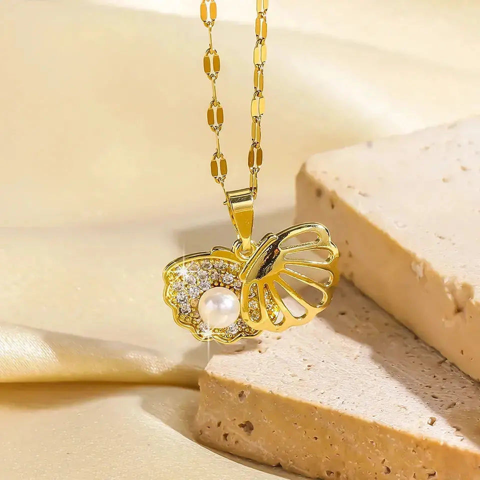 ZAKOL French Shell Pearl Necklace For Women Gold Color Stainless Steel Zircon Love Heart Clavicle Chain Choker Wedding Jewelry Smart_Life_Tech