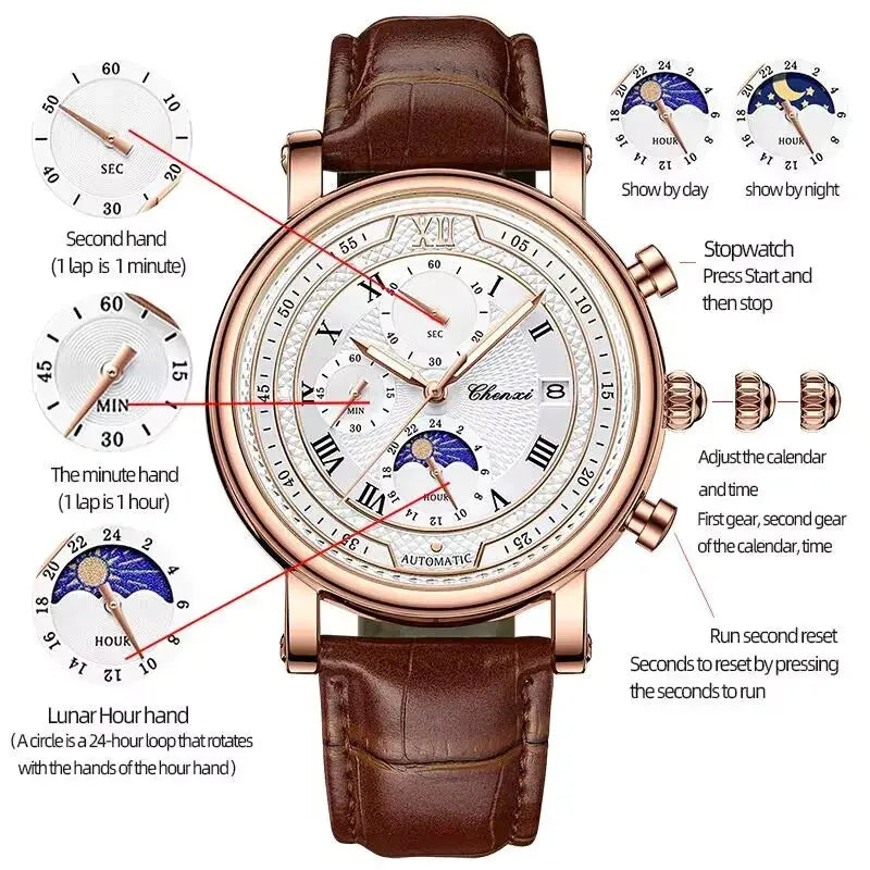 Chenxi 976 Leather Chronograph Date Men's Phase Of The Moon Timing Business Luminous Quartz Watch Relojes para hombres Smart_Life_Tech