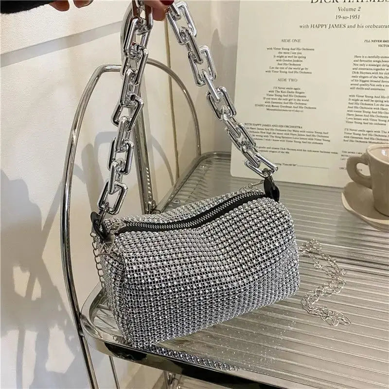Allover Rhinestone Bucket Bag, Glitter Chain Prom Purse, Women's Mini Crossbody Bag (6.3*3.54) Inch Smart_Life_Tech