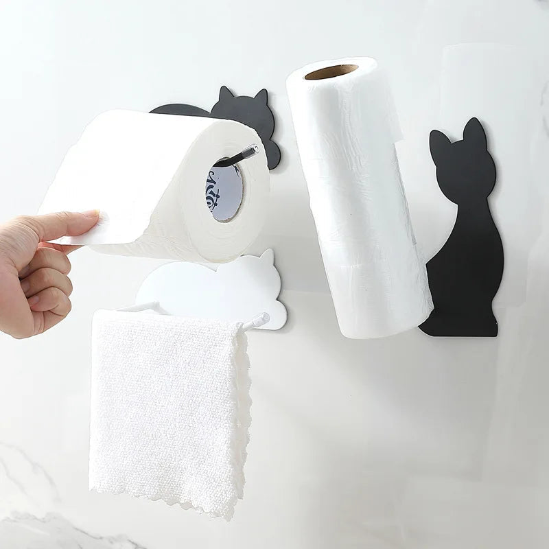 Cute cat shaped non perforated kitchen tissue holder cloth holder roll paper cling film wall mounted multi-purpose storage rack Smart_Life_Tech