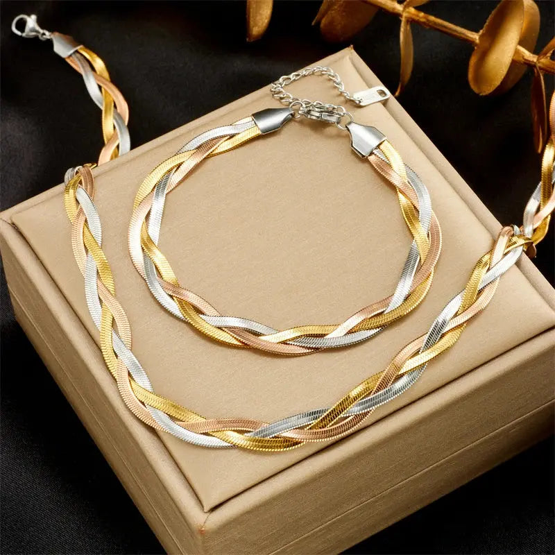 DIEYURO 316L Stainless Steel 3in1 Crossover Snake Chain Necklace Bracelets For Women Girl New Fashion Waterproof Jewelry Set Smart_Life_Tech