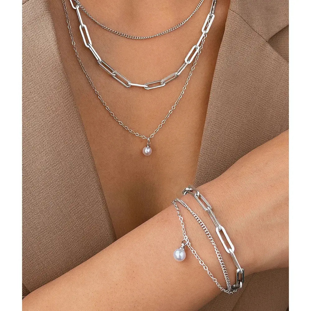Aomogo Stainless Steel Jewelry Set Delicate Pearl Pendant Jewelry Set Luxury Multi-Layer Chain Jewelry Set For Women Jewelry Smart_Life_Tech