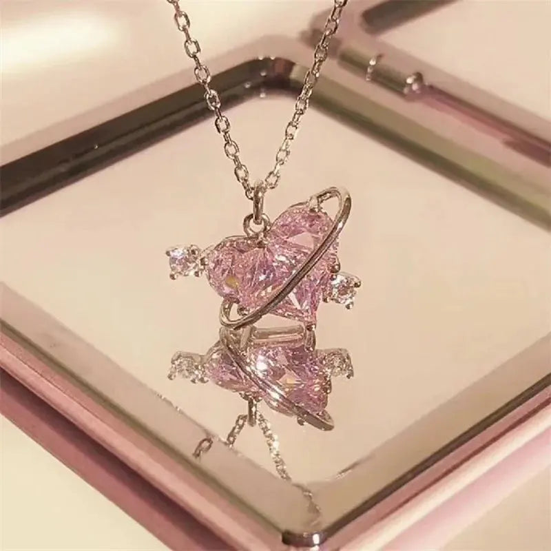 Y2K Pink Planet Heart Zircon Pendant Necklaces Women Fashion Aesthetic Clavicle Chain Necklace Valentines Day Gift Party Jewelry Smart_Life_Tech