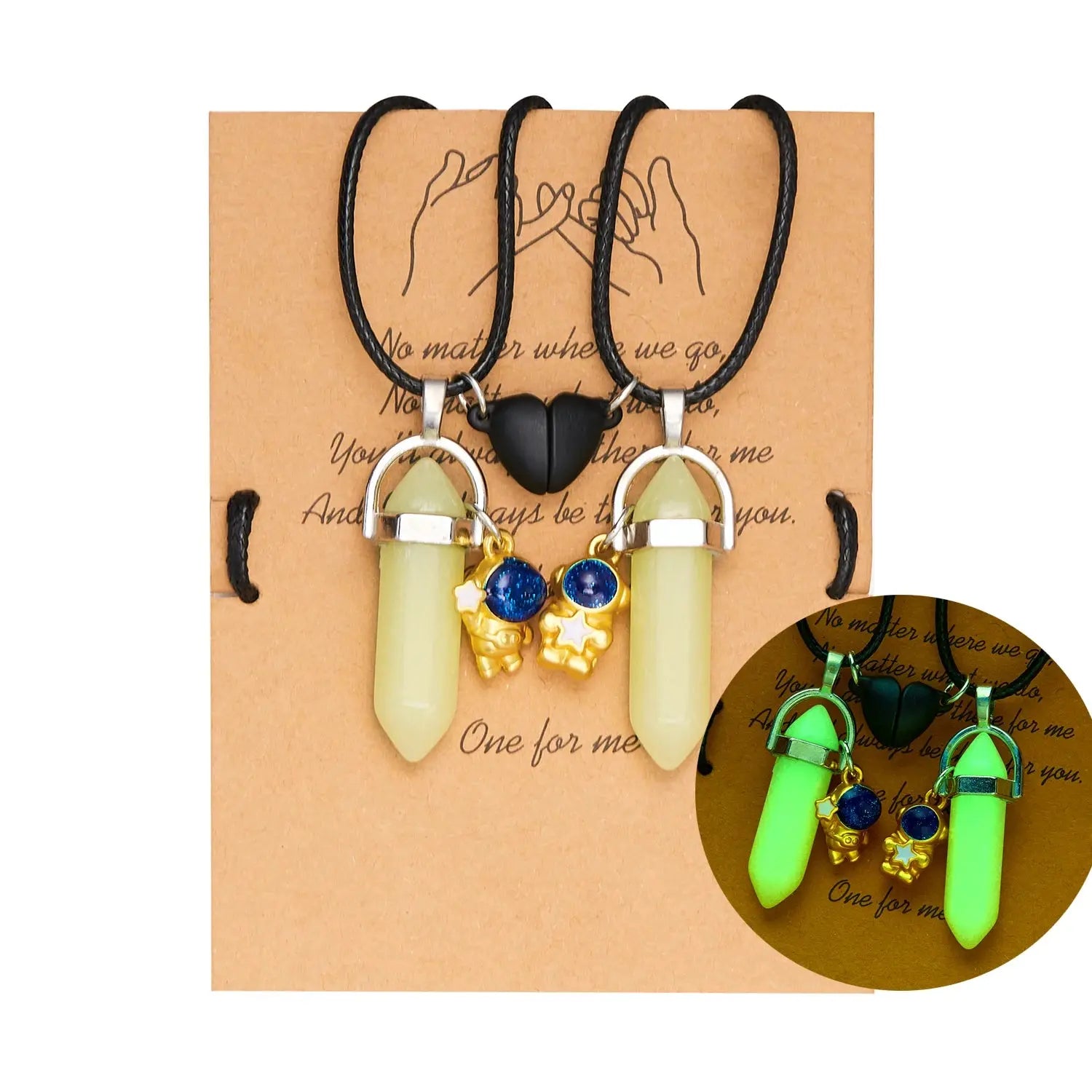 2PCS Luminous Hexagonal Column Couple Magnetic Necklace for Women Romantic Natural Stone Geometric Pendant Astronaut Necklace Smart_Life_Tech