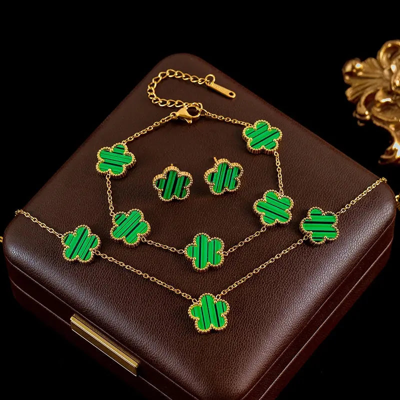 GANEMLY 316L Stainless Steel 4-Color Five Leaf Clover Flower Necklace Bracelet Earrings Set For Women New Waterproof Jewelry Smart_Life_Tech