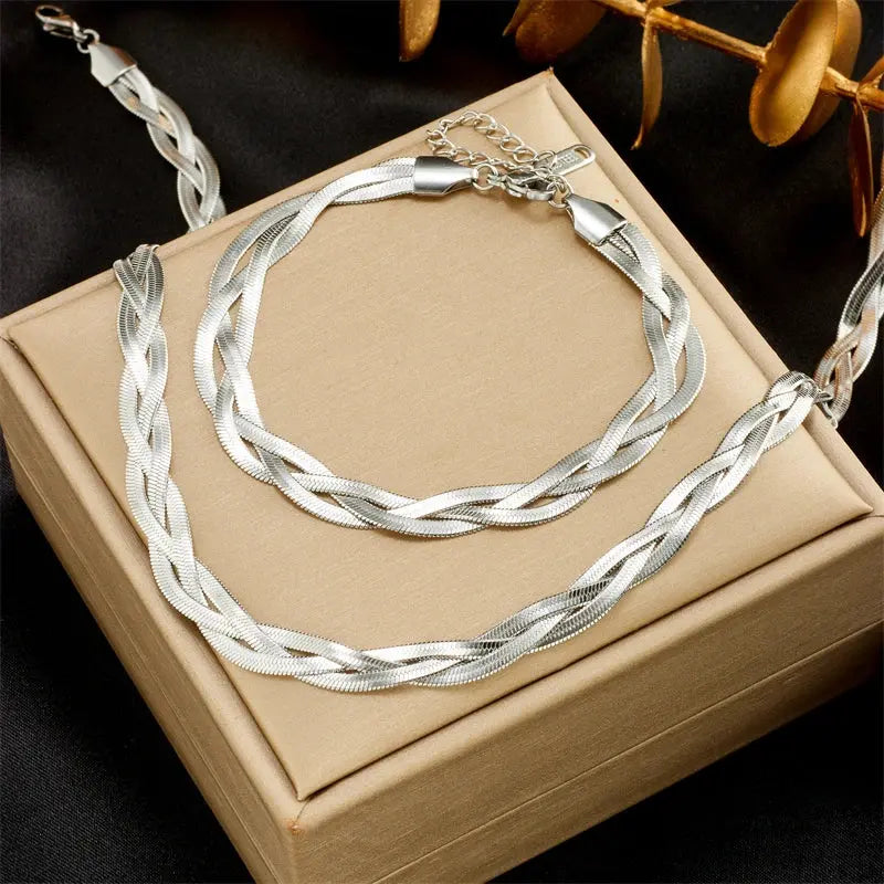 DIEYURO 316L Stainless Steel 3in1 Crossover Snake Chain Necklace Bracelets For Women Girl New Fashion Waterproof Jewelry Set Smart_Life_Tech