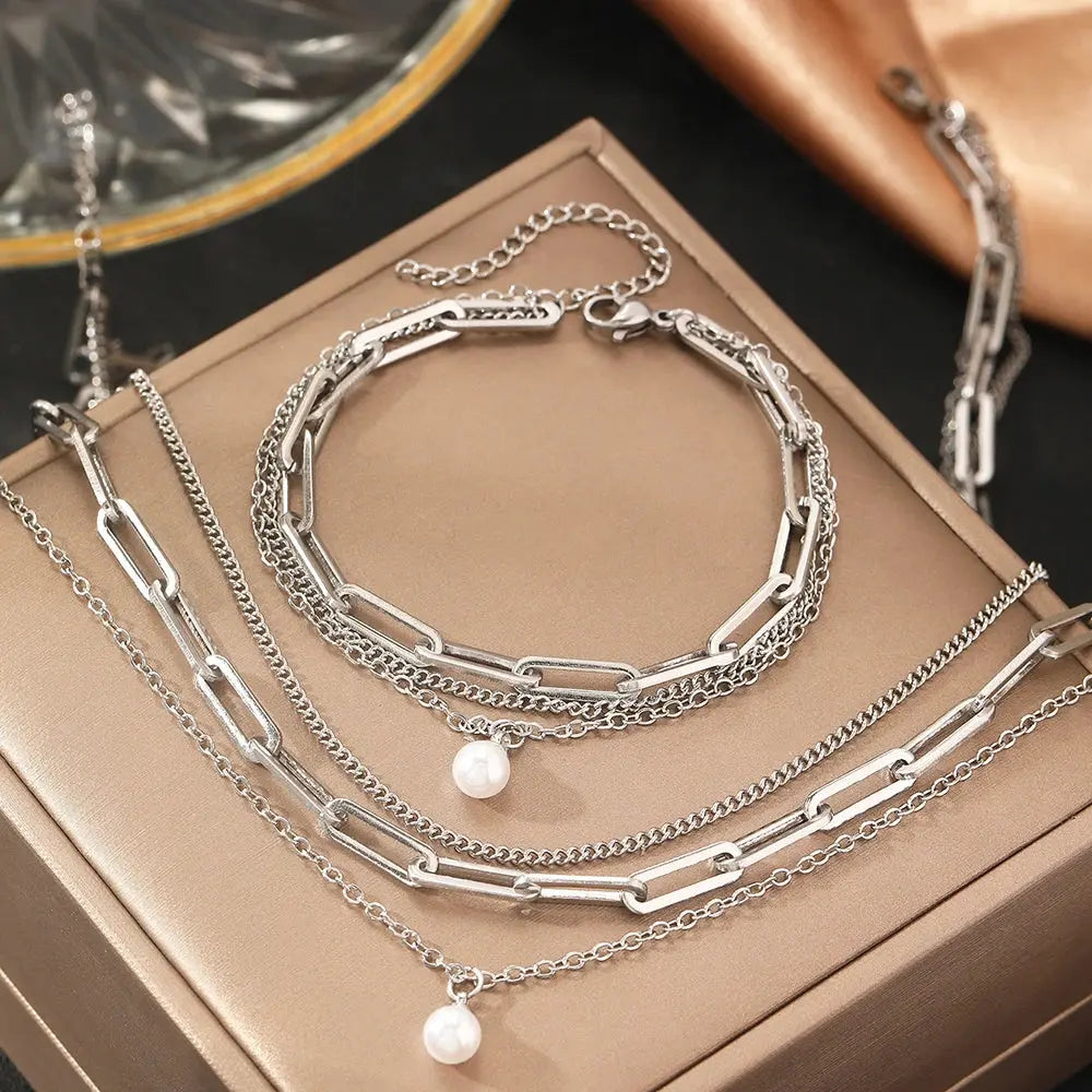 Aomogo Stainless Steel Jewelry Set Delicate Pearl Pendant Jewelry Set Luxury Multi-Layer Chain Jewelry Set For Women Jewelry Smart_Life_Tech