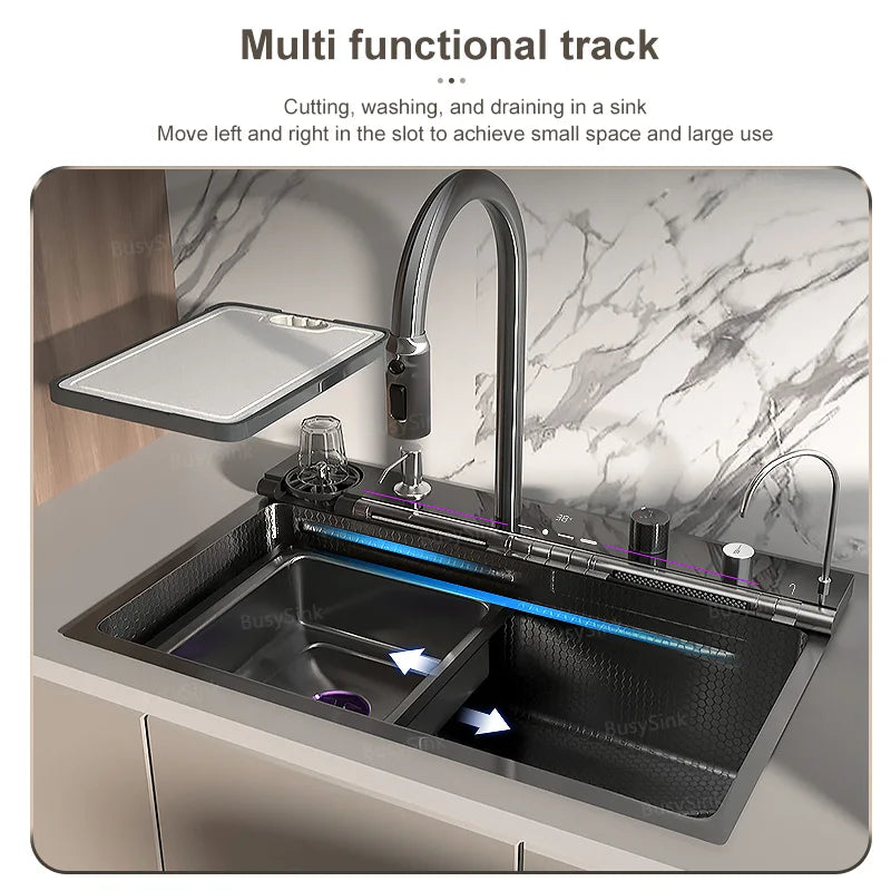 MultiFunction Waterfall Wash Vegetables Basin Stainless Steel Large Single Slot With Smart Digital Display Faucet Kitchen Sink Smart_Life_Tech