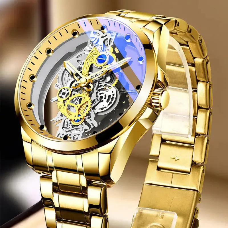 Hot Trendy Fashion Wholesale Men Golden Skeleton Automatic Quartz Wrist Watches Luxury Smart_Life_Tech
