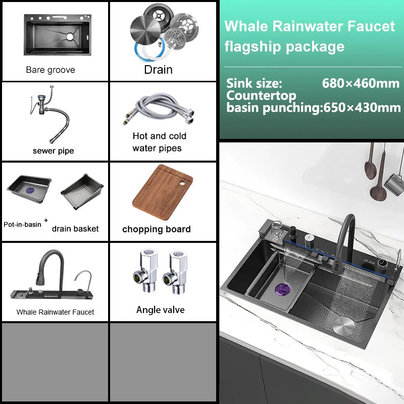 MultiFunction Waterfall Wash Vegetables Basin Stainless Steel Large Single Slot With Smart Digital Display Faucet Kitchen Sink Smart_Life_Tech