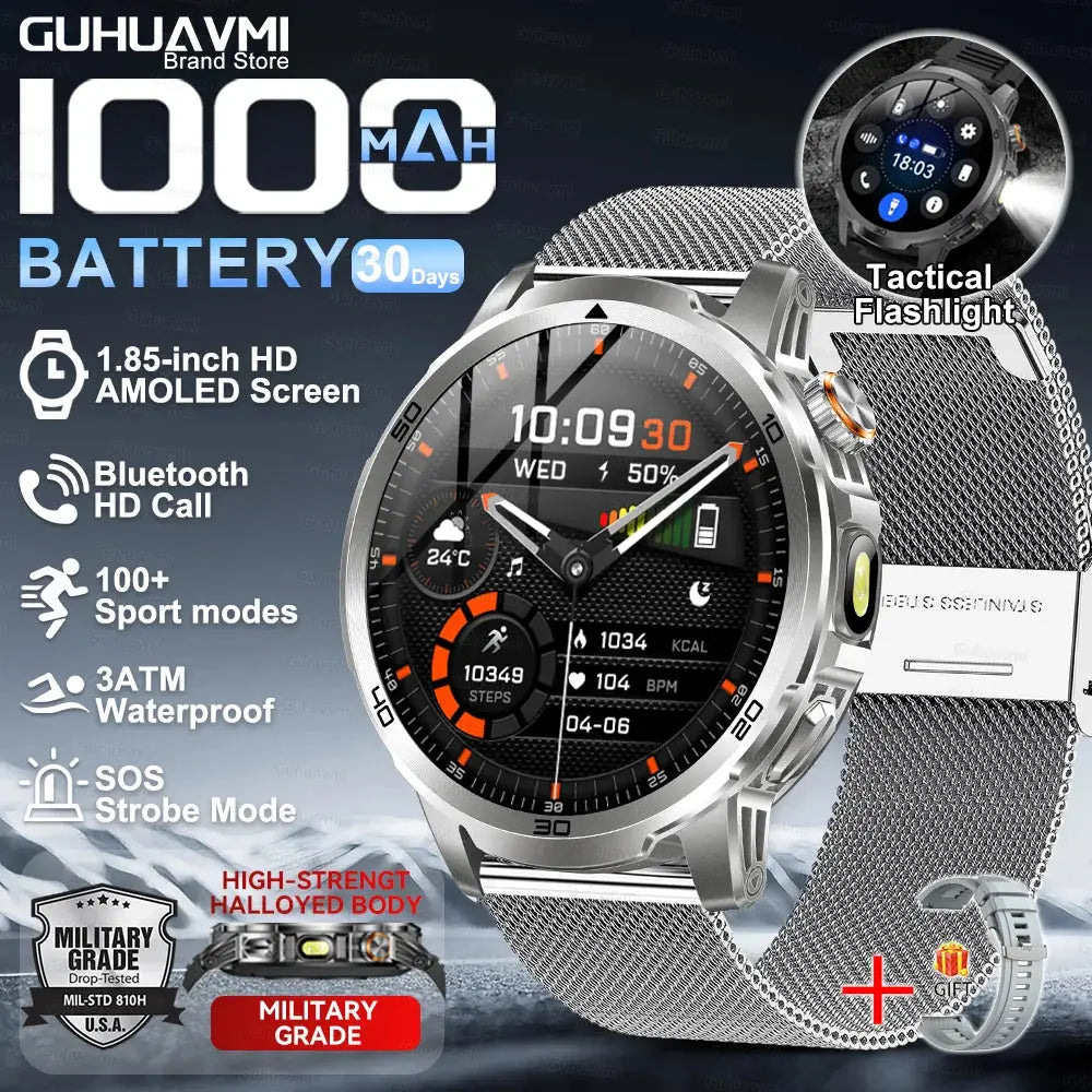 2026 New Military Outdoor Smart Watch 1.85‘’ AMOLED 1000mAh Large Battery 5ATM Waterproof Voice Call Sports Men Fitness Bracel Smart_Life_Tech