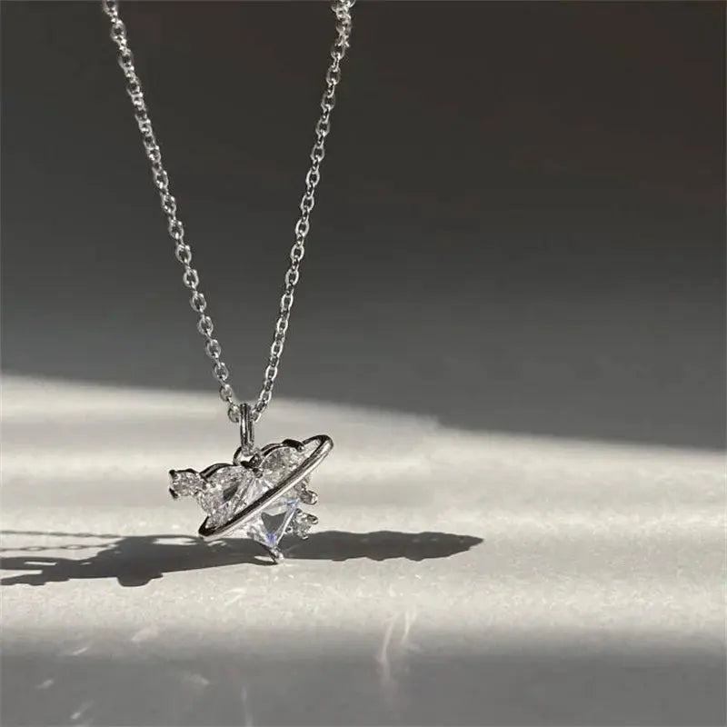 Y2K Pink Planet Heart Zircon Pendant Necklaces Women Fashion Aesthetic Clavicle Chain Necklace Valentines Day Gift Party Jewelry Smart_Life_Tech