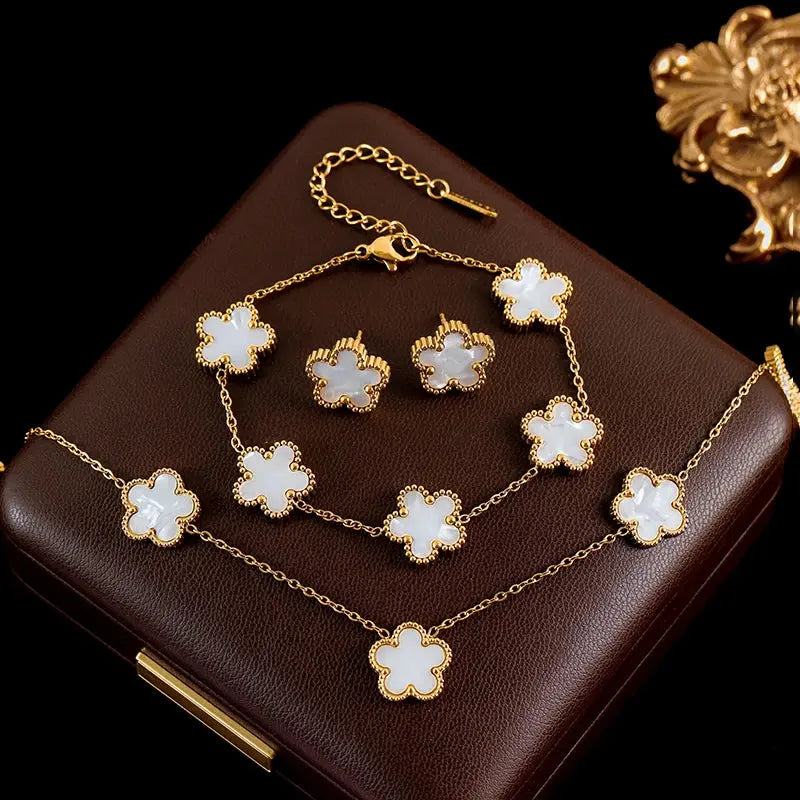 GANEMLY 316L Stainless Steel 4-Color Five Leaf Clover Flower Necklace Bracelet Earrings Set For Women New Waterproof Jewelry Smart_Life_Tech