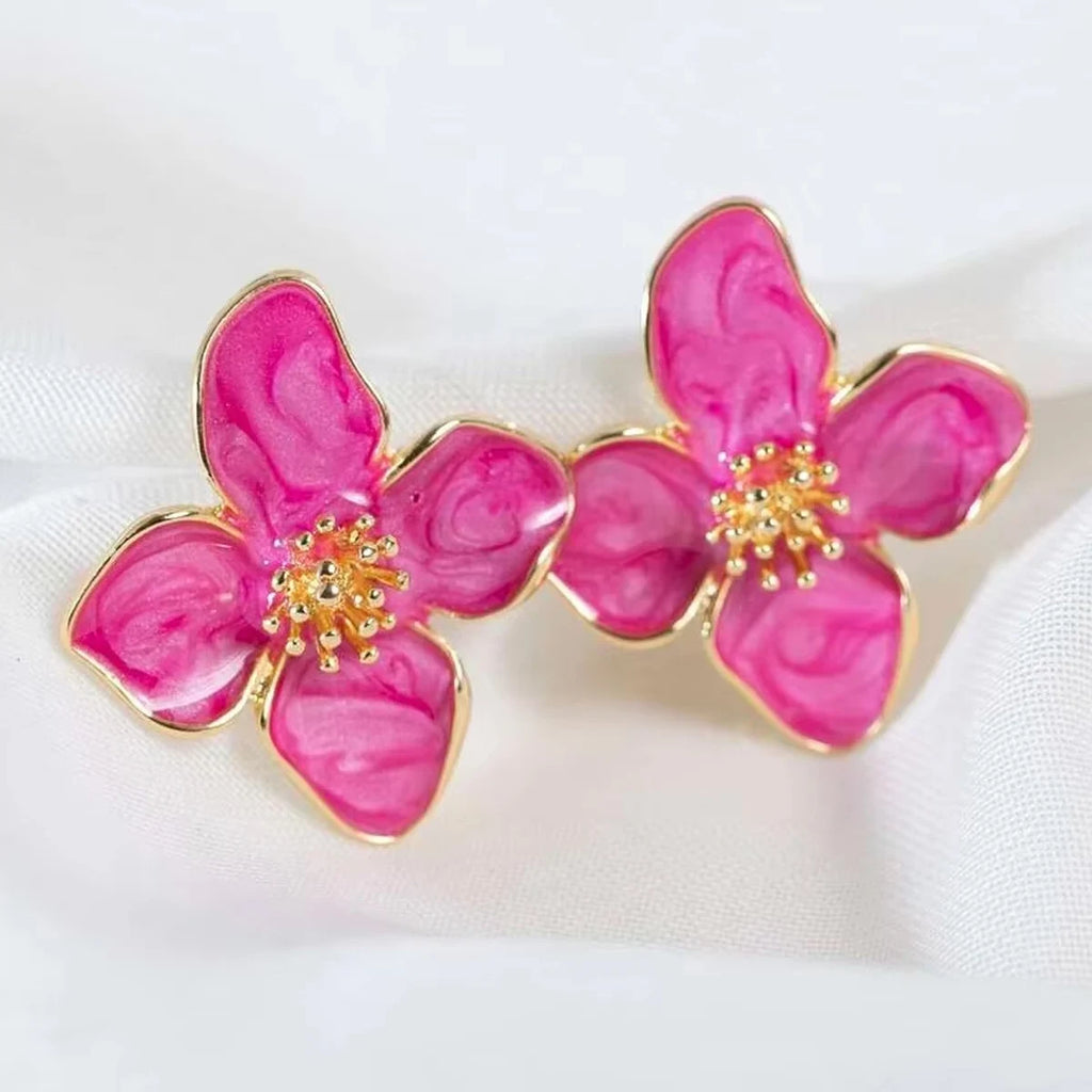 Fuchsia Epoxy Flower Earrings Stud Korean Flowers Women Earring Post Spring Summer New Trendy Girls Cute Jewelrys