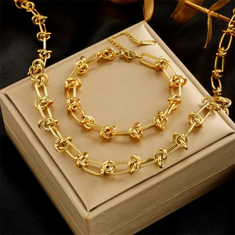 DIEYURO 316L Stainless Steel Gold Silver Color Twist Knot Necklace Bracelets For Womens Girl New Fashion Non-fading Jewelry Set Smart_Life_Tech