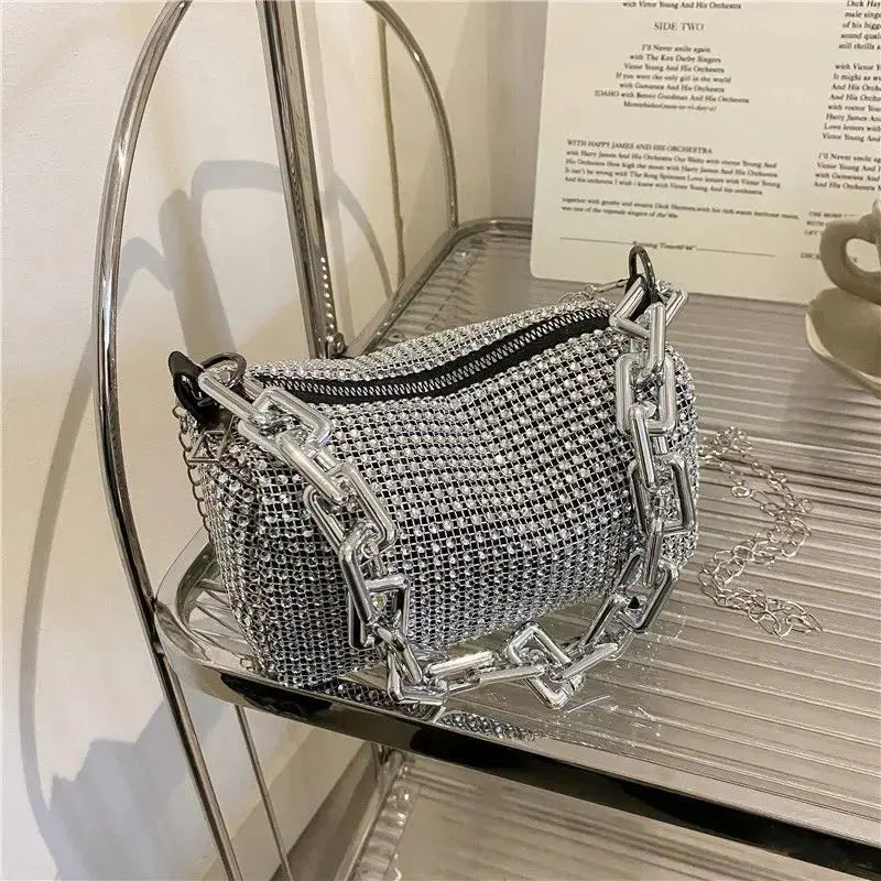 Allover Rhinestone Bucket Bag, Glitter Chain Prom Purse, Women's Mini Crossbody Bag (6.3*3.54) Inch Smart_Life_Tech