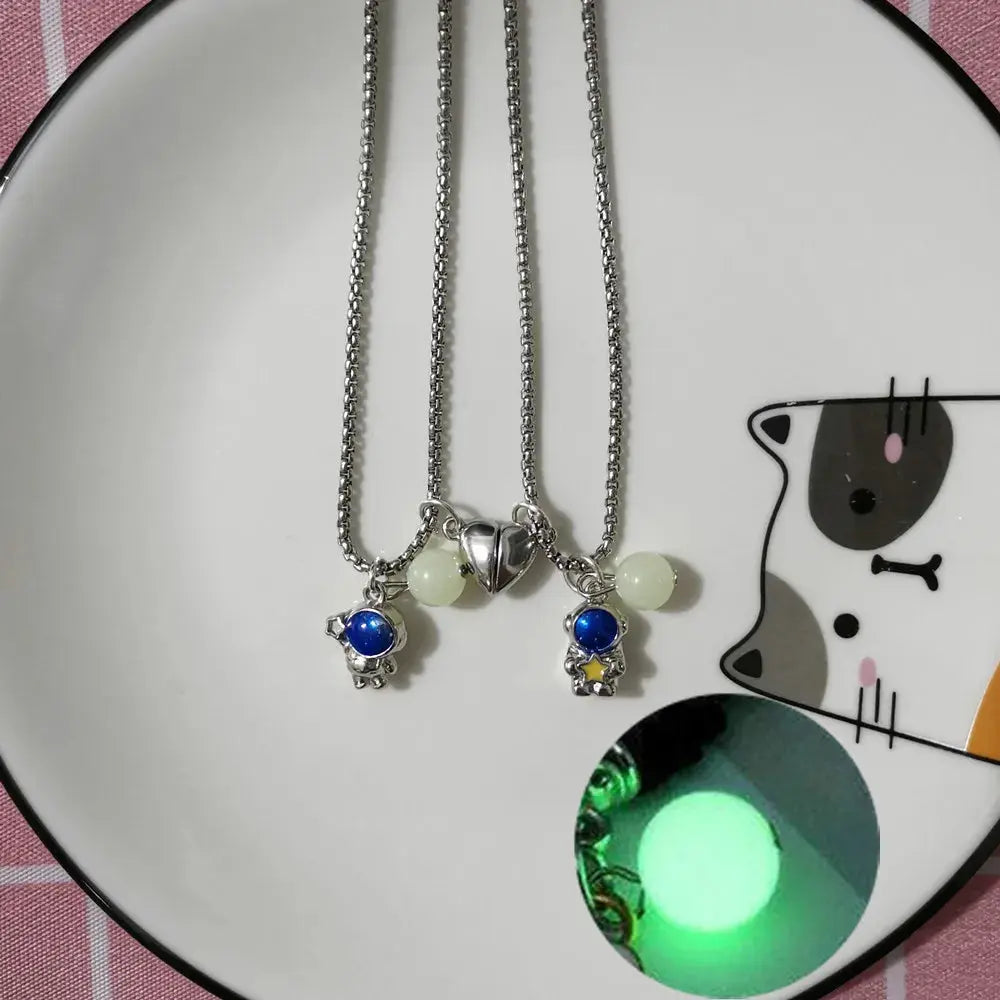 2PCS Luminous Hexagonal Column Couple Magnetic Necklace for Women Romantic Natural Stone Geometric Pendant Astronaut Necklace Smart_Life_Tech