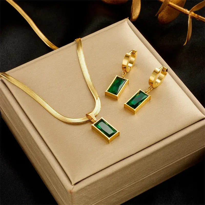 AKOL 316L Stainless Steel Rectangle Green Crystal Zircon Pendant Necklace Earrings For Women Fashion Party Jewelry Set Smart_Life_Tech