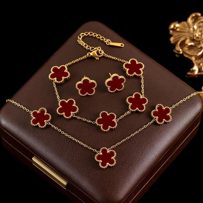 GANEMLY 316L Stainless Steel 4-Color Five Leaf Clover Flower Necklace Bracelet Earrings Set For Women New Waterproof Jewelry Smart_Life_Tech