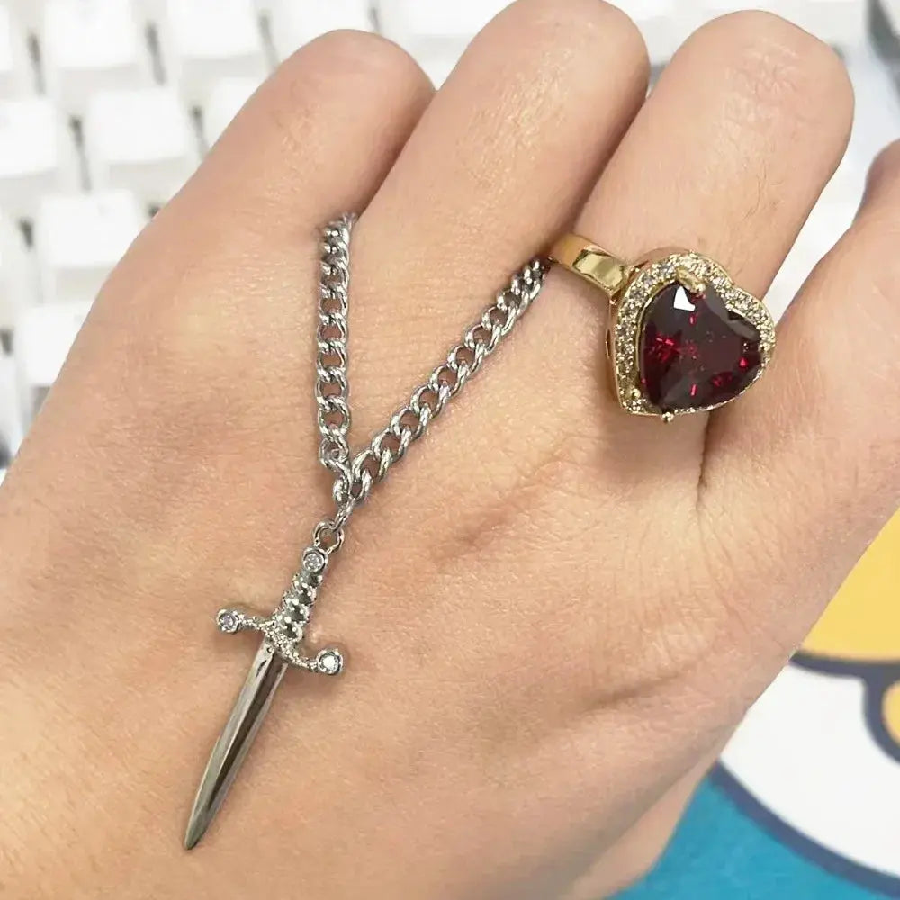 Heart and Sword Necklace - Couple Necklaces - 18k Gold Plated STAINLESS STEEL Zircon Crystal Ring Bracelet Necklace Jewelry Set Smart_Life_Tech