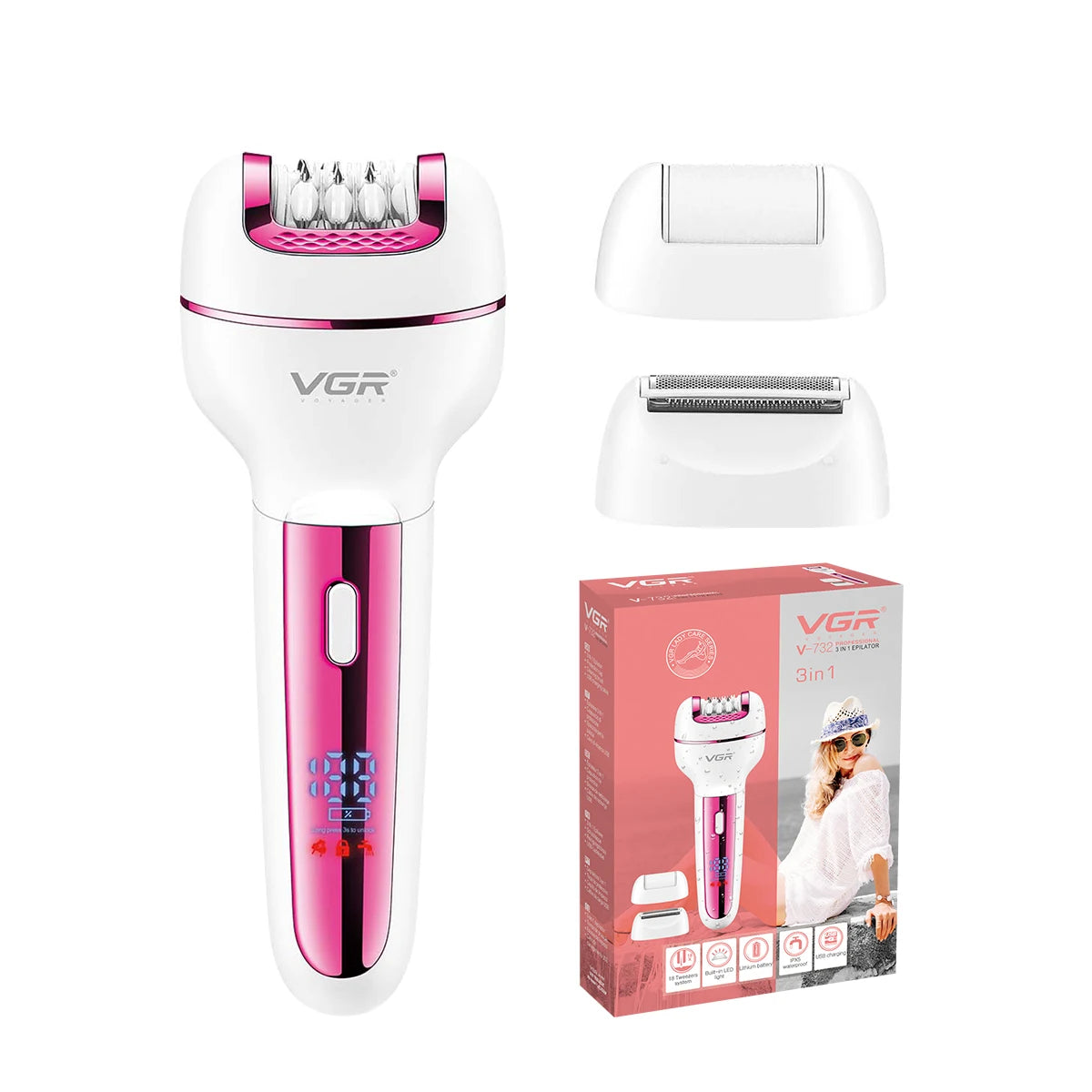 VGR 732 Original 3in1 Epilator Women Electric Shaver For Face Body Rechargeable Lady Trimmer Hair Removal Bikini Underarms Legs