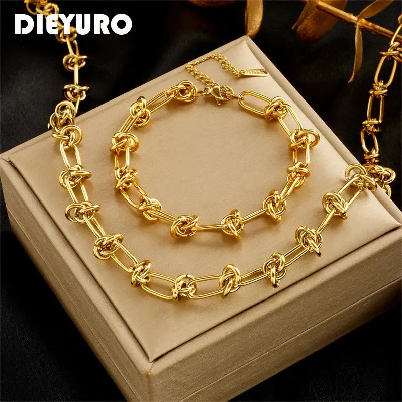 DIEYURO 316L Stainless Steel Gold Silver Color Twist Knot Necklace Bracelets For Womens Girl New Fashion Non-fading Jewelry Set Smart_Life_Tech