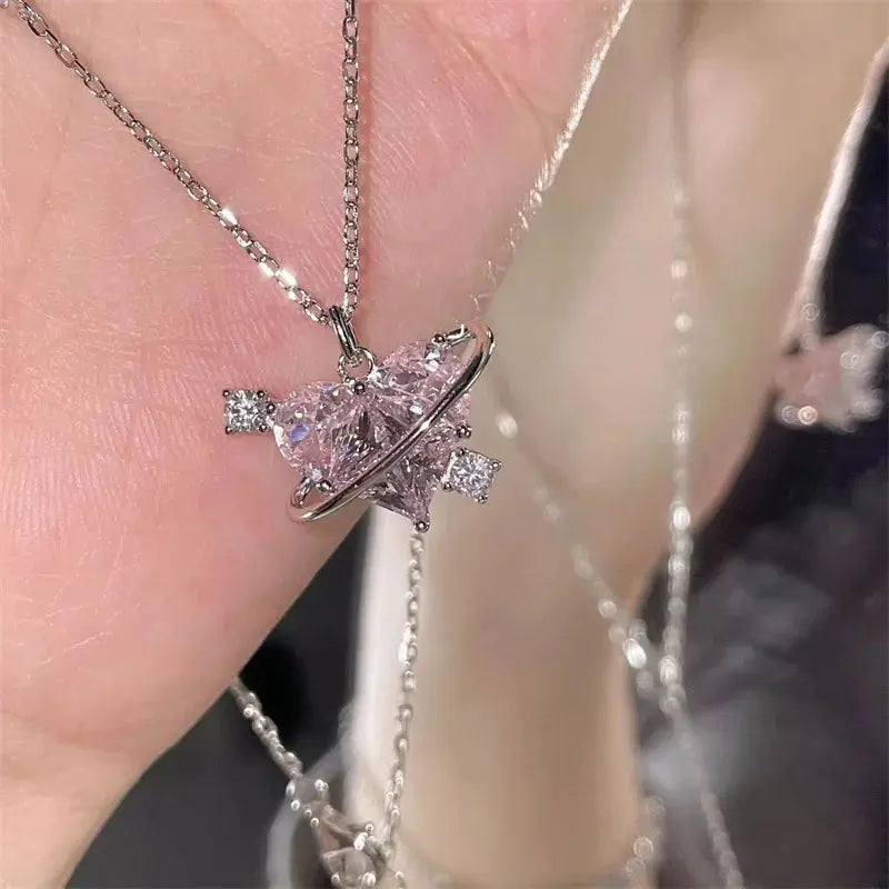 Y2K Pink Planet Heart Zircon Pendant Necklaces Women Fashion Aesthetic Clavicle Chain Necklace Valentines Day Gift Party Jewelry Smart_Life_Tech