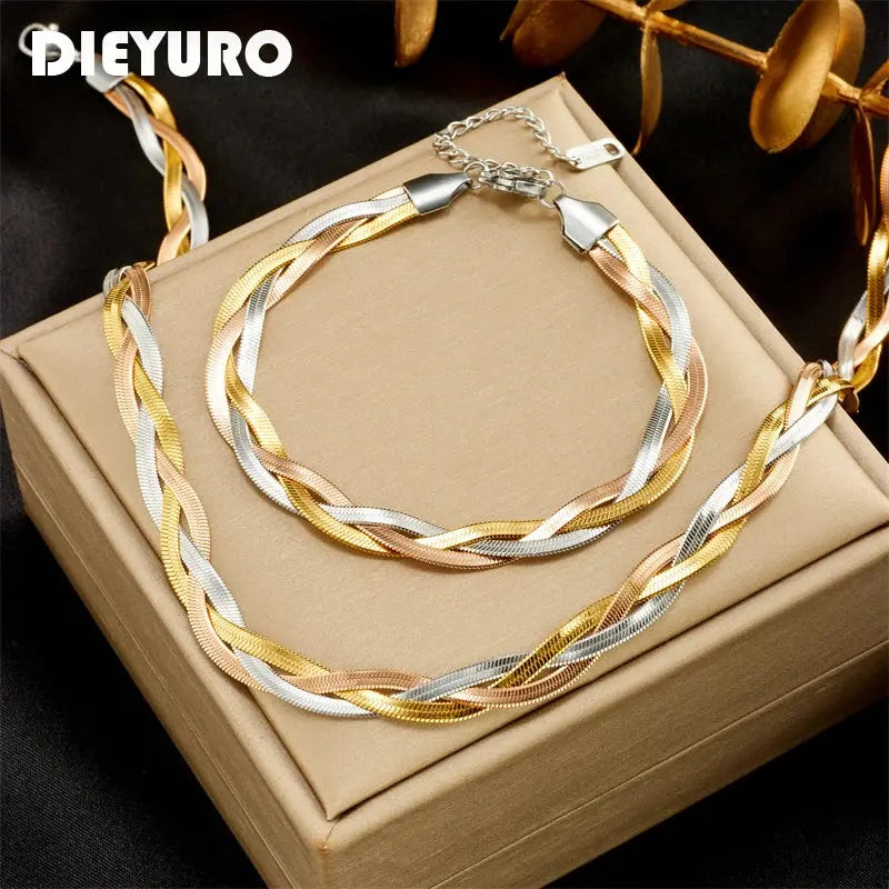 DIEYURO 316L Stainless Steel 3in1 Crossover Snake Chain Necklace Bracelets For Women Girl New Fashion Waterproof Jewelry Set Smart_Life_Tech