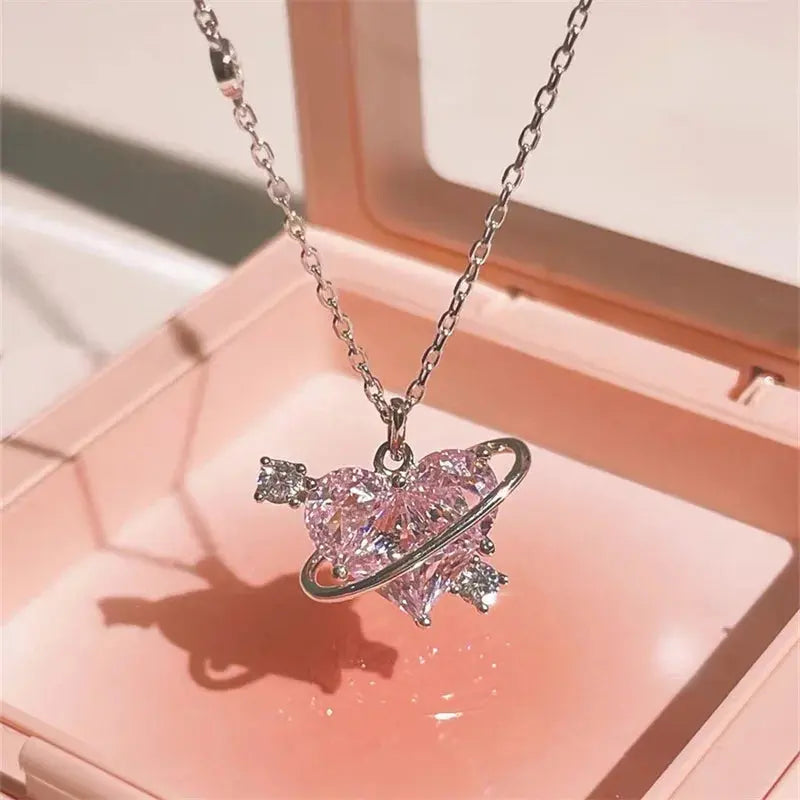 Y2K Pink Planet Heart Zircon Pendant Necklaces Women Fashion Aesthetic Clavicle Chain Necklace Valentines Day Gift Party Jewelry Smart_Life_Tech