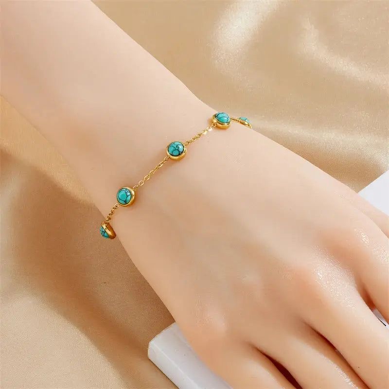 DIEYURO 316L Stainless Steel Round Turquoise Necklace Bracelet Earrings Suit For Womens 2024 New TrendNon-fadingjewelry Set Smart_Life_Tech