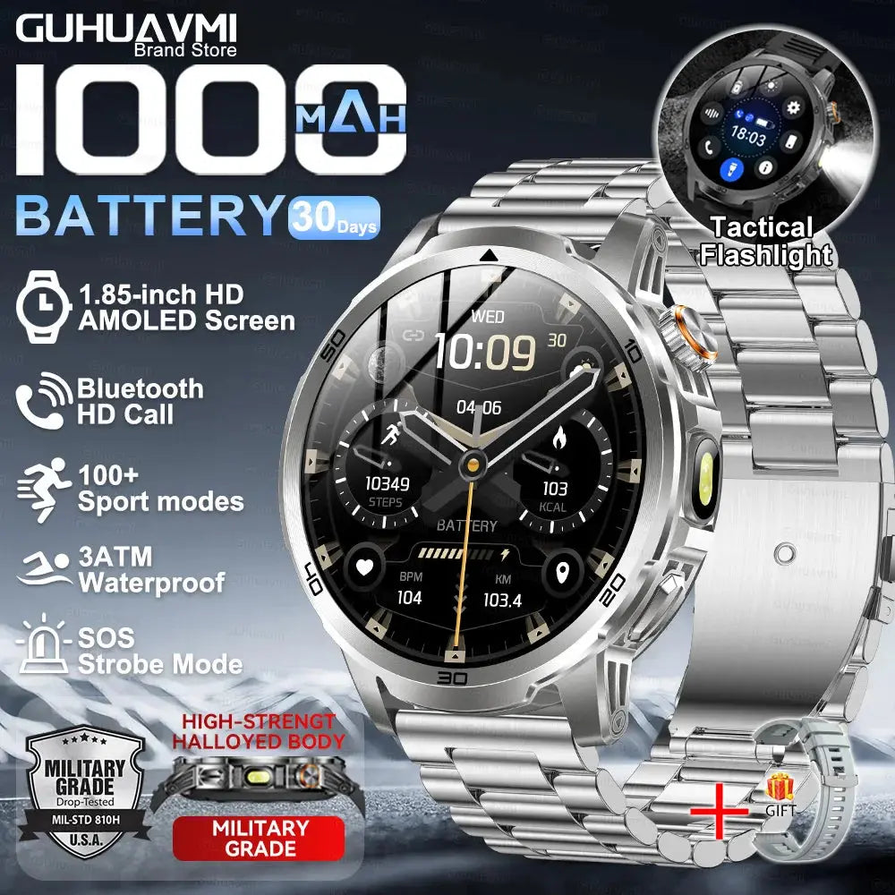 2026 New Military Outdoor Smart Watch 1.85‘’ AMOLED 1000mAh Large Battery 5ATM Waterproof Voice Call Sports Men Fitness Bracel Smart_Life_Tech