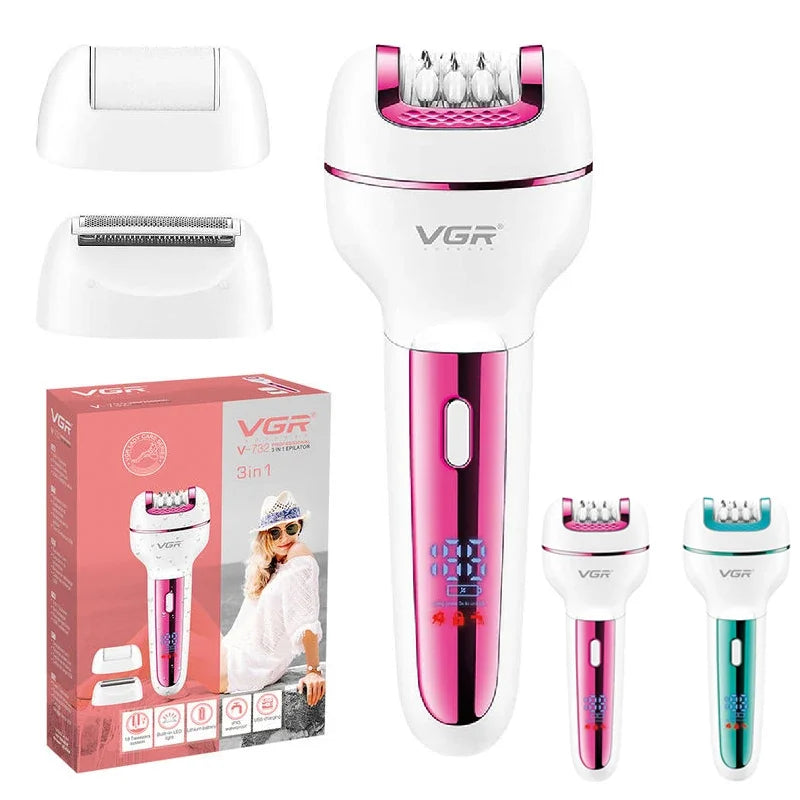 VGR 732 Original 3in1 Epilator Women Electric Shaver For Face Body Rechargeable Lady Trimmer Hair Removal Bikini Underarms Legs