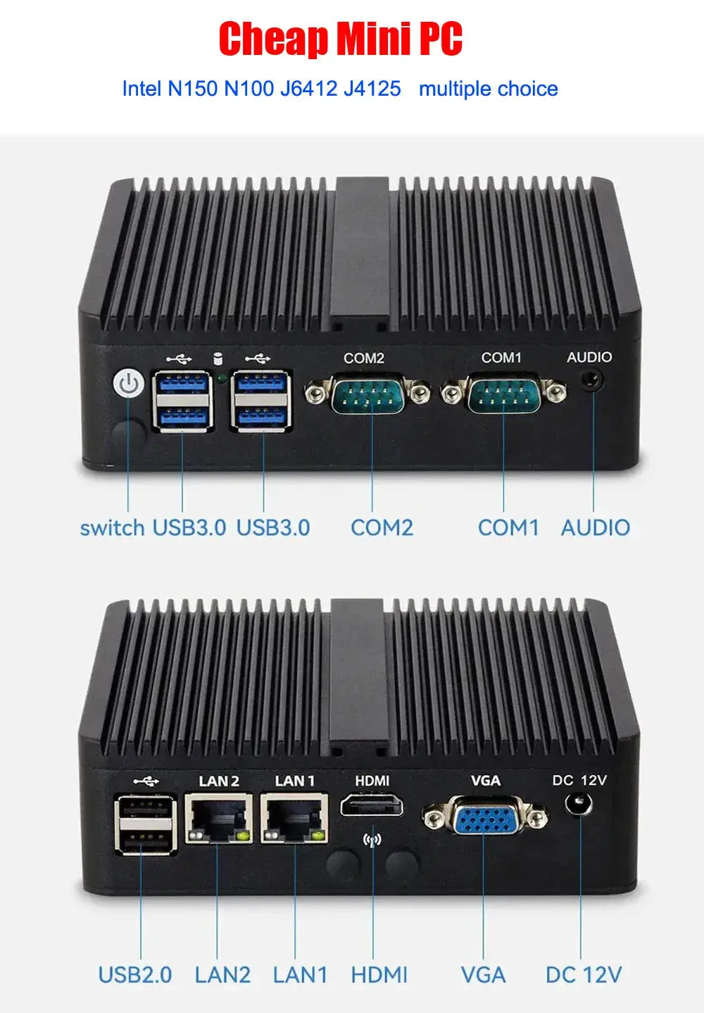 Fanless Industrial Mini PC j6412 j4125 12th gen N100 N150 2*LAN RS232 HD VGA Win10/11 Linux Ubuntu WIFI Desktop Computer Home pc Smart_Life_Tech