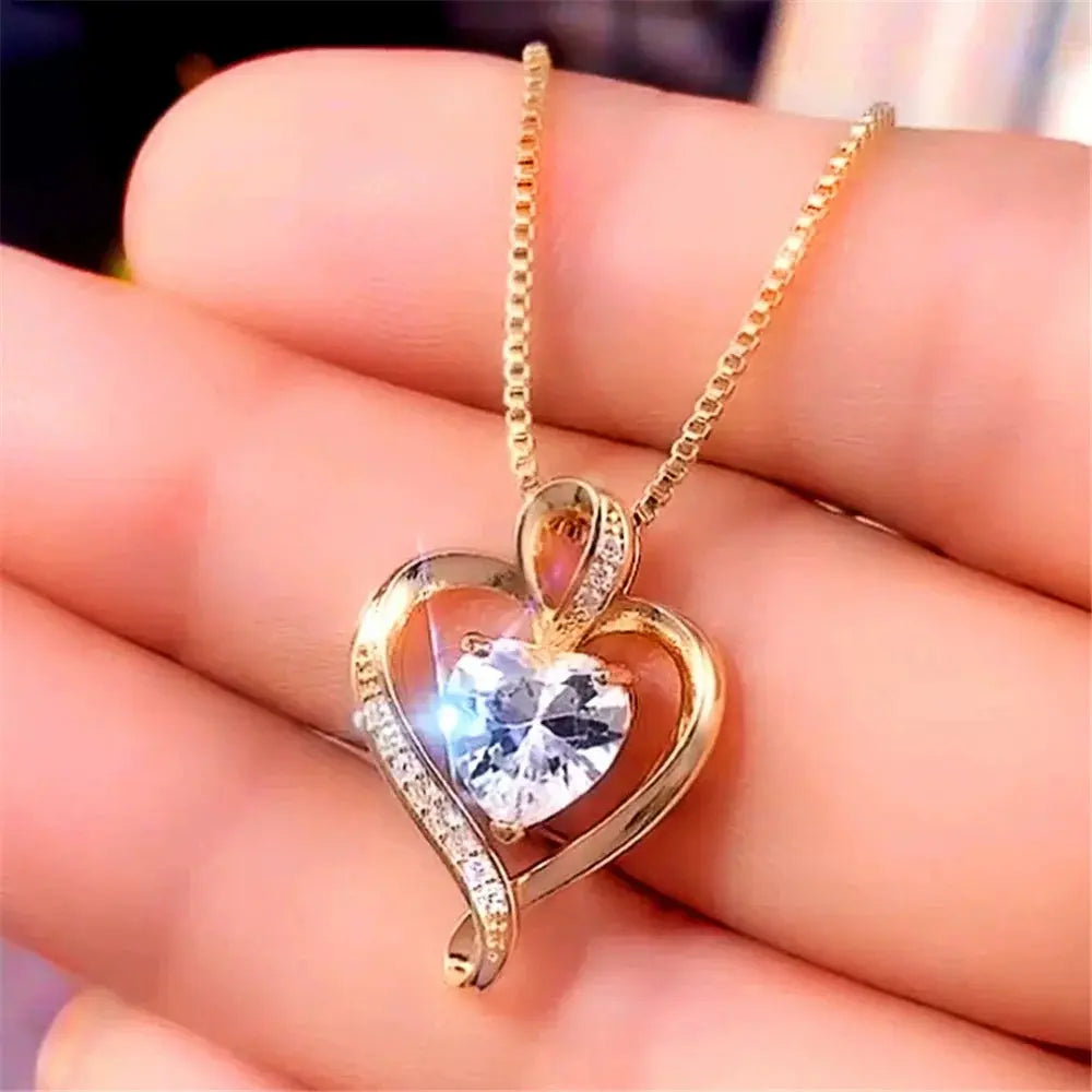 Cute Female Crystal White Zircon Stone Heart Pendant Necklace Vintage Gold Color Wedding Jewelry For Women Smart_Life_Tech