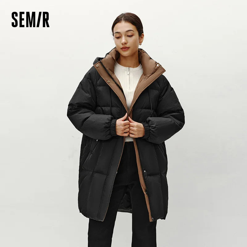 Semir Down Jacket Women Long Length Hooded Black Coat 2025 Winter New Loose Outerwear Fashion Women's down coat