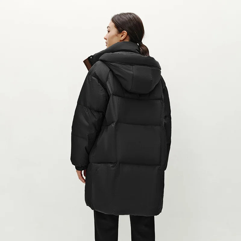 Semir Down Jacket Women Long Length Hooded Black Coat 2025 Winter New Loose Outerwear Fashion Women's down coat