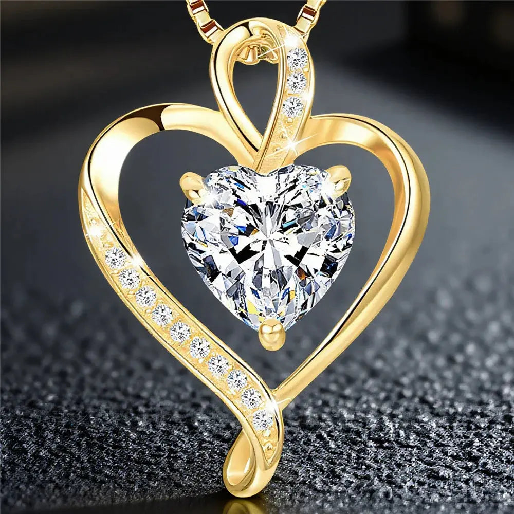 Cute Female Crystal White Zircon Stone Heart Pendant Necklace Vintage Gold Color Wedding Jewelry For Women Smart_Life_Tech